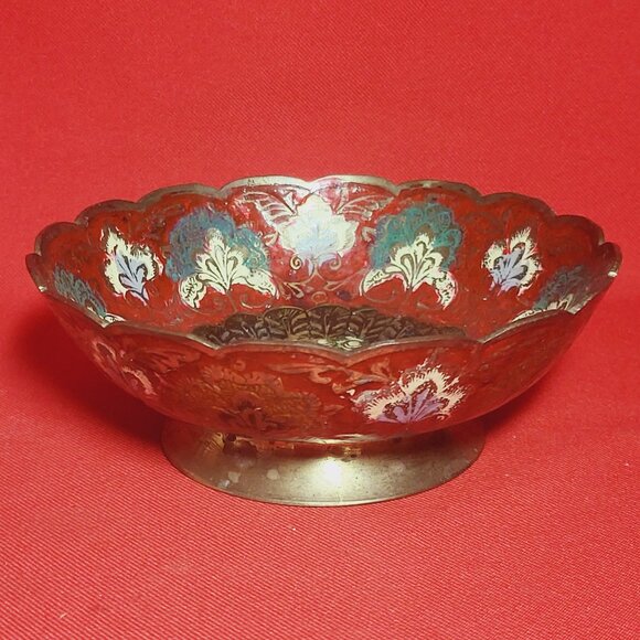 Vintage Indian Etched Brass Metal Peacock Pedestal Red Bowl Trinket Dish - Picture 1 of 11
